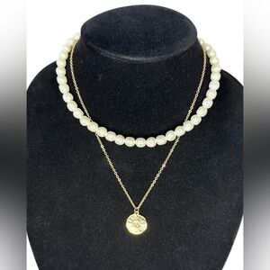 Fashion Jewelry - Double Layer Faux Pearl & Coin Necklace